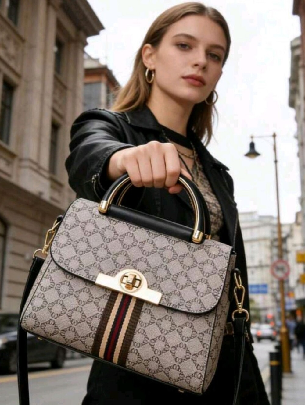 Classic Monogram Top-Handle Satchel in Beige and Black